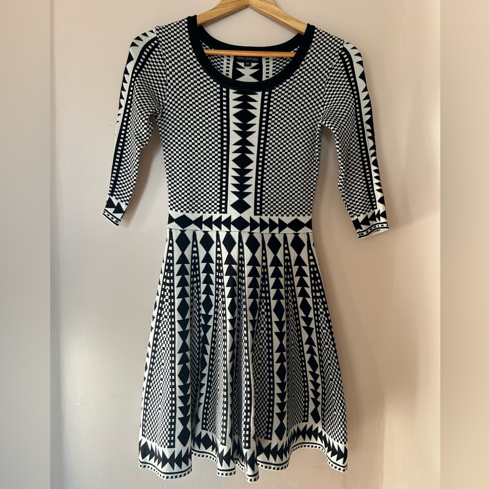 Nina Leonard Black and White Patterned Knit Dress